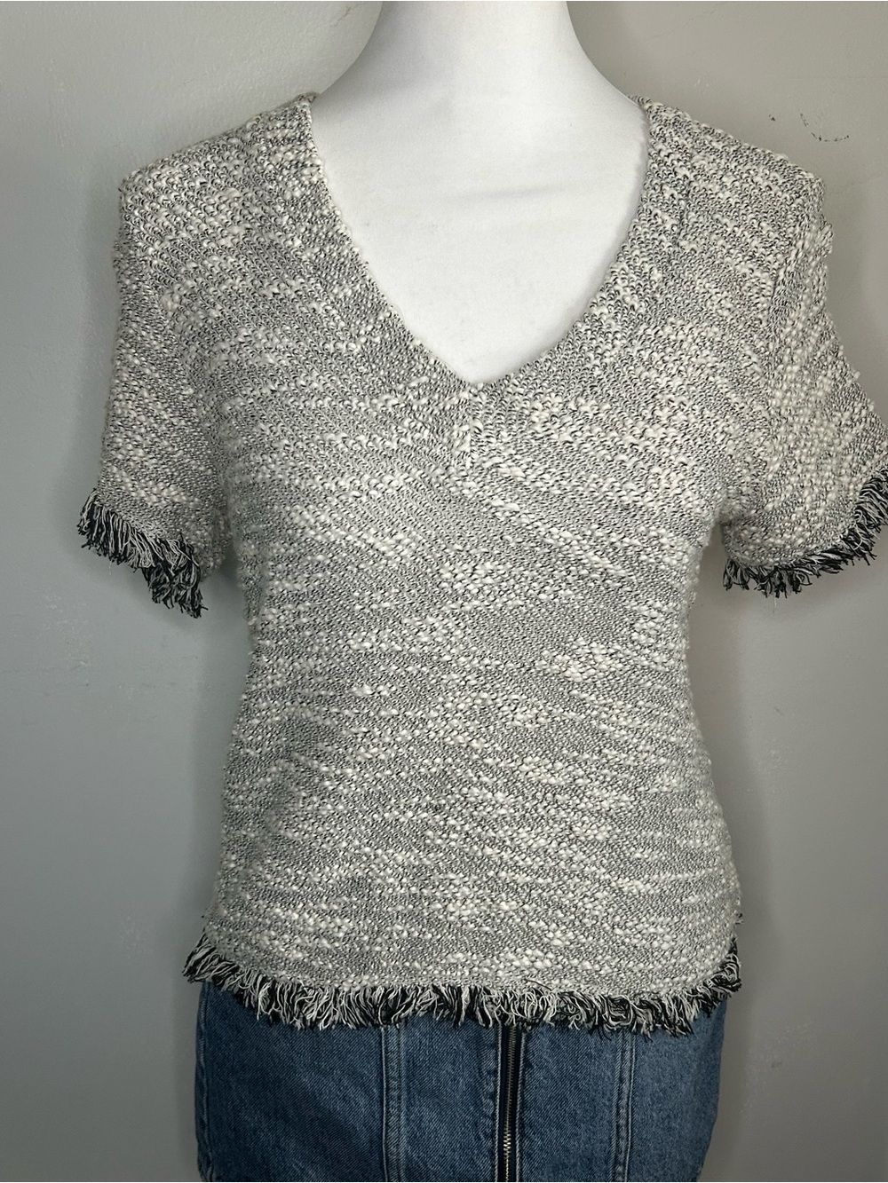 Maven West Bouclé Knit V-Neck Fringed Short Sleeve Sweater Top